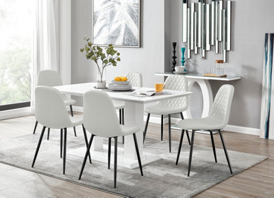 Furniturebox Imperia White High Gloss 6 Seater Dining Table With Structural 2 Plinth Column Legs 6 White Faux Leather Black Leg Corona Chairs - image 1