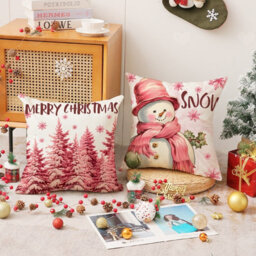 Amorly Set Of 4 Pink Christmas Cushion Covers, Santa, Snowman Christmas Tree Printed Pillow Cases, Festive Home Xmas Decor For Sofa - thumbnail 4