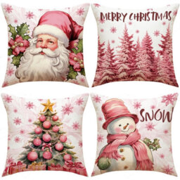 Amorly Set Of 4 Pink Christmas Cushion Covers, Santa, Snowman Christmas Tree Printed Pillow Cases, Festive Home Xmas Decor For Sofa - thumbnail 1