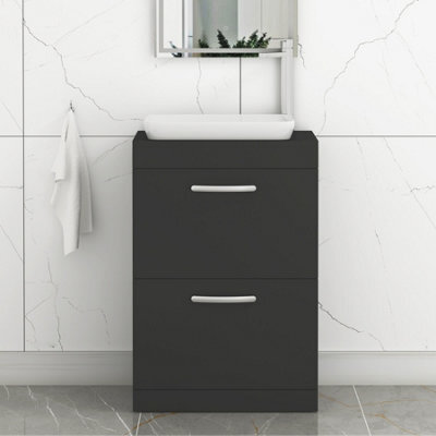 Royal Bathrooms Turin 500mm Freestanding Bathroom Vanity Unit With Sink 2 Drawer Matt Black & Qubix Countertop Basin - image 1
