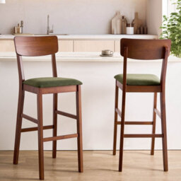 Wyld And Coco Home Set Of 2 Walnut Rubberwood Bar Chairs With Dark Green Upholstery, 113Cm - thumbnail 2