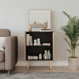 Urbn-Living Urbnliving 60Cm Height 2 Tier Black Wooden Bookcase With Oak Door Scandinavian Style Beech Legs Bedroom Shelf - thumbnail 2