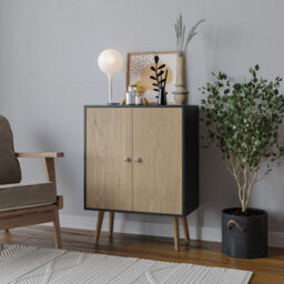 Urbn-Living Urbnliving 60Cm Height 2 Tier Black Wooden Bookcase With Oak Door Scandinavian Style Beech Legs Bedroom Shelf