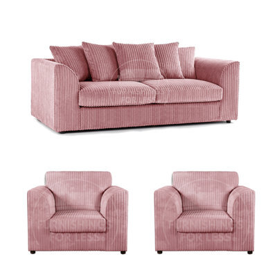 Furnishings For Less UK Luxor Jumbo Cord 3 + 1 + 1 Fabric 3 Piece Sofa Suite - Scatter Back Pink