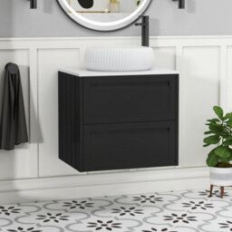 Royal Bathrooms Royal Bathroom Elmore 600mm Matt Nocturne Black Wall Mounted Bathroom Vanity Unit 2 Drawer Plain White Worktop With Milan Basin - thumbnail 1