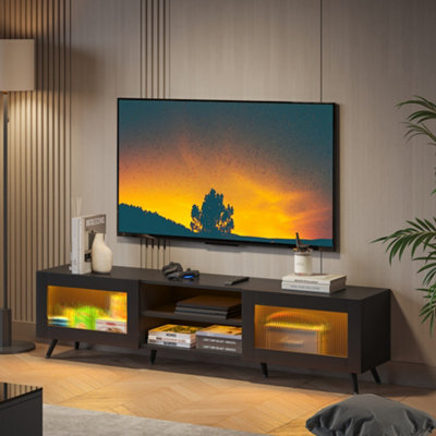 Keepreaper Sleek Black Tv Stand For 32-70 Inch Tvs With 2 Acrylic Doors And 58-Inch Media Console For Living Room Or Bedroom - image 1