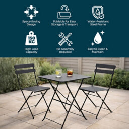 Jack Stonehouse Jsh Garden Bistro Black Dining Patio Set With 1 X Table & 2 X Chairs Folding Steel Rubber Feet - thumbnail 2