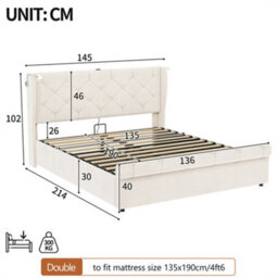 Abrihome 4Ft6 Double Velvet Bed Frame With Hydraulic Storage, Diamond Tufted Headboard With Usb-C Ports, Light & Charging Station, Beige - thumbnail 5