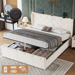 Abrihome 4Ft6 Double Velvet Bed Frame With Hydraulic Storage, Diamond Tufted Headboard With Usb-C Ports, Light & Charging Station, Beige - thumbnail 1