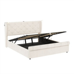 Abrihome 4Ft6 Double Velvet Bed Frame With Hydraulic Storage, Diamond Tufted Headboard With Usb-C Ports, Light & Charging Station, Beige - thumbnail 6