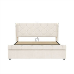 Abrihome 4Ft6 Double Velvet Bed Frame With Hydraulic Storage, Diamond Tufted Headboard With Usb-C Ports, Light & Charging Station, Beige - thumbnail 7