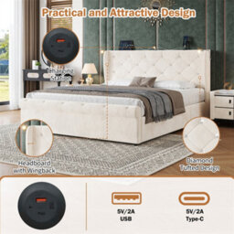 Abrihome 4Ft6 Double Velvet Bed Frame With Hydraulic Storage, Diamond Tufted Headboard With Usb-C Ports, Light & Charging Station, Beige - thumbnail 2