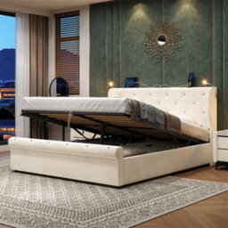Abrihome 4Ft6 Double Velvet Bed Frame With Hydraulic Storage, Diamond Tufted Headboard With Usb-C Ports, Light & Charging Station, Beige - thumbnail 8