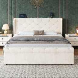 Abrihome 4Ft6 Double Velvet Bed Frame With Hydraulic Storage, Diamond Tufted Headboard With Usb-C Ports, Light & Charging Station, Beige - thumbnail 9