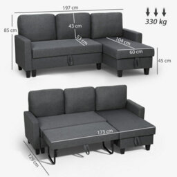 Homcom Fold-Out Convertible Sofa Bed With Removable Covers, Charcoal Grey - thumbnail 3