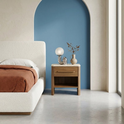 Sweeek - Bedside Table With 1 Drawer, Travertine Effect Top And Wood Decor Walnut 45X38X48 Cm - Aretha - image 1