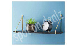 Spot On Dealz Floating Industrial Wall 80 Cm Length Black Wooden Hanging Shelves Small With Golden Metal Wire Living Room Furniture - thumbnail 4