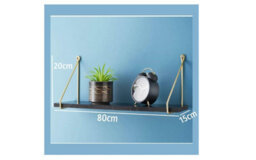 Spot On Dealz Floating Industrial Wall 80 Cm Length Black Wooden Hanging Shelves Small With Golden Metal Wire Living Room Furniture - thumbnail 3