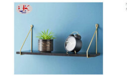 Spot On Dealz Floating Industrial Wall 80 Cm Length Black Wooden Hanging Shelves Small With Golden Metal Wire Living Room Furniture - thumbnail 2