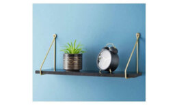 Spot On Dealz Floating Industrial Wall 80 Cm Length Black Wooden Hanging Shelves Small With Golden Metal Wire Living Room Furniture - thumbnail 1