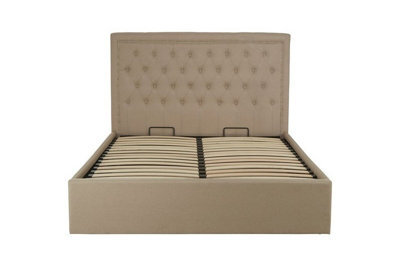 Orsina Elegant Beige Velvet Double Ottoman Bed, Classic Button Tufted Bedroom Bed, Ottoman Stud Detailed Bed - image 1