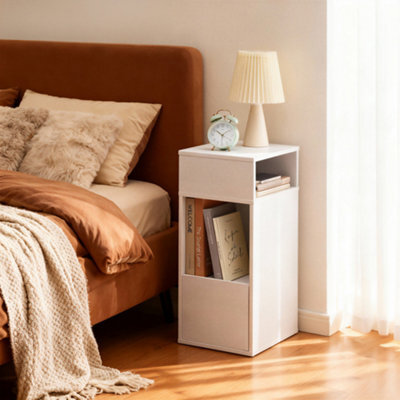 LEDREM Bedside Table, Superfast Toolless Assembly, Slim Nightstand For Bedroom, Drawer And 2 Open Compartments, White - image 1
