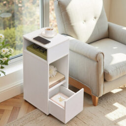 LEDREM Bedside Table, Superfast Toolless Assembly, Slim Nightstand For Bedroom, Drawer And 2 Open Compartments, White - thumbnail 6