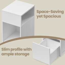 LEDREM Bedside Table, Superfast Toolless Assembly, Slim Nightstand For Bedroom, Drawer And 2 Open Compartments, White - thumbnail 7