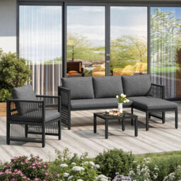 Btm 4-5 Seater Garden Rope Set, Tempered Glass Table, Corner Sofa & Armchairs, Weatherproof, Grey