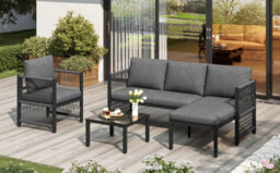 Btm 4-5 Seater Garden Rope Set, Tempered Glass Table, Corner Sofa & Armchairs, Weatherproof, Grey - thumbnail 9