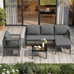 Btm 4-5 Seater Garden Rope Set, Tempered Glass Table, Corner Sofa & Armchairs, Weatherproof, Grey - thumbnail 8
