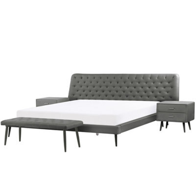 Beliani Bedroom Set Faux Leather Essonne 180 X 200 Cm (Eu Super King) Grey - image 1
