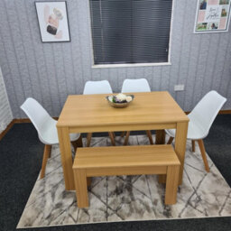 Kosy Koala Oak Effect Dining Table Set With 4 White Plastic Chairs And Bench Dining Room Furniture - thumbnail 2