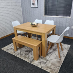 Kosy Koala Oak Effect Dining Table Set With 4 White Plastic Chairs And Bench Dining Room Furniture - thumbnail 3