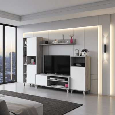 Amos Mann Furniture Enzo White And Concrete Grey Effect Large Tv Entertainment Wall Unit Cabinet - image 1