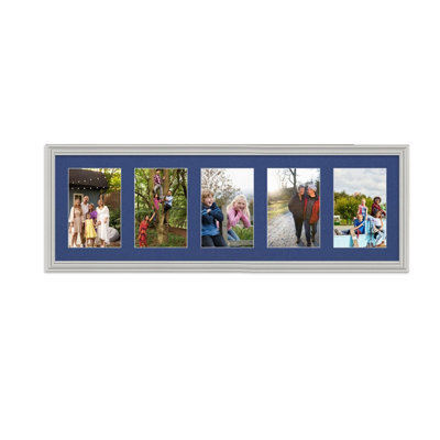 AK Frames 26X8 Light Grey Classic Multi Photo Frame With Blue Mount - Holds 5 Apertures (5X) 6X4 Photos - image 1