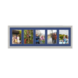 AK Frames 26X8 Light Grey Classic Multi Photo Frame With Blue Mount - Holds 5 Apertures (5X) 6X4 Photos - thumbnail 1