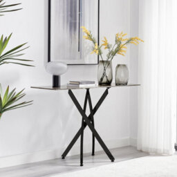 Furniturebox Uk Leonardo Console Table With Grey Glass Marble Effect Top And Black Legs - thumbnail 2