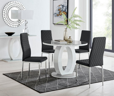 Furniturebox Giovani Round 4 Seat 100Cm White High Gloss Halo Base Grey Glass Top Dining Table 4 Black Faux Leather Silver Leg Milan Chairs - image 1