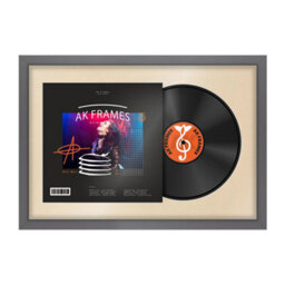 "AK Frames 25X17"" Dark Grey Sleek Vinyl Record Frame With Ivory Mount For 12 Inch Lp Cover & Disc - Overlapped Design"