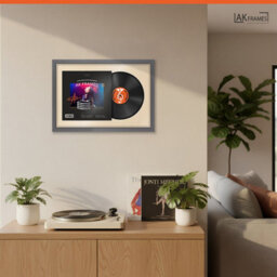 "AK Frames 25X17"" Dark Grey Sleek Vinyl Record Frame With Ivory Mount For 12 Inch Lp Cover & Disc - Overlapped Design" - thumbnail 5