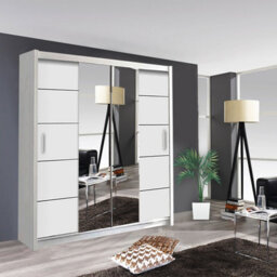 Modern Oslo Mirror Sliding Door Wardrobe With Hanging Rails & Shelves (White, 150Cm) - thumbnail 1