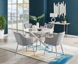 Furniturebox Novara White Marble Effect 120Cm Round Dining Table With Chrome Starburst Legs & 6 Black Faux Leather Lorenzo Chairs