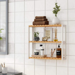 Bamboo Bathroom Shelf, 3-Tier Adjustable Plants Rack, Wall-Mounted Or Stand, Room, Balcony, Kitchen, Natural And White