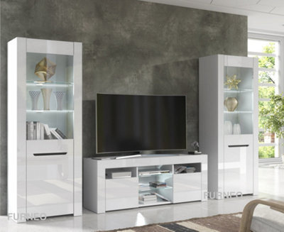 Furneo High Gloss & Matt White Living Room Set Tv Stand Display Cabinets Milanow White Led Lights - image 1