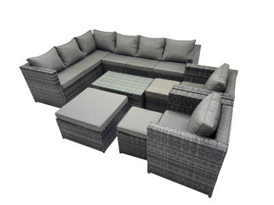 Fimous Outdoor Rattan Rectangular Coffee Table Corner Sofa Sets Garden Furniture Set With 2 Chairs 3 Stools Dark Grey Mixed - image 1
