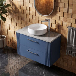 Balterley Belvide Partial Fluted 2 Drawer Wall Hung Vanity Unit With Bellato Grey Laminate Worktop - 800mm - Satin Blue - thumbnail 3