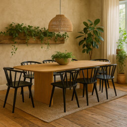 Wyld Haus Swansea Oak Veneer 220Cm Dining Set With 6 Black Rubberwood Chairs