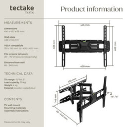 Tectake Television Bracket - Tv Wall Mount For 26-75 Inch Screens, Extendable And Tiltable 60 Kg - Black - thumbnail 6