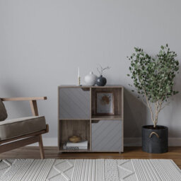 Urbn-Living Urbnliving 61Cm Height Anthracite Oak Wooden Cube Bookcase With Grey Line Door Display Shelf Storage Shelving Cupboard - thumbnail 1